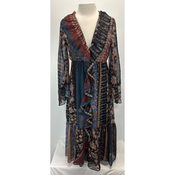 Zara Dresses & Skirts - Zara Patchwork Maxi Dress Sz Medium Boho Ruffle Trim Forest Fairy Vneck
